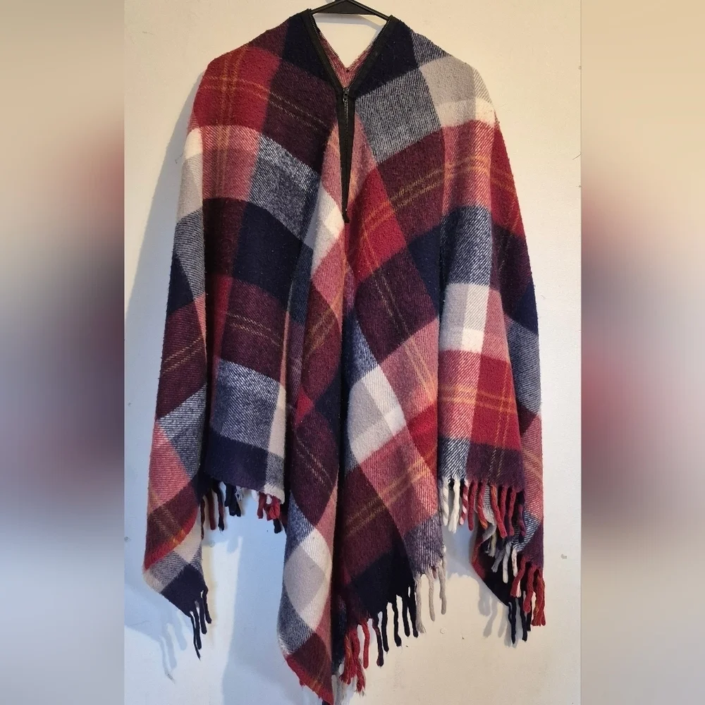 Plaid Fringe Scarf in Red and Blue